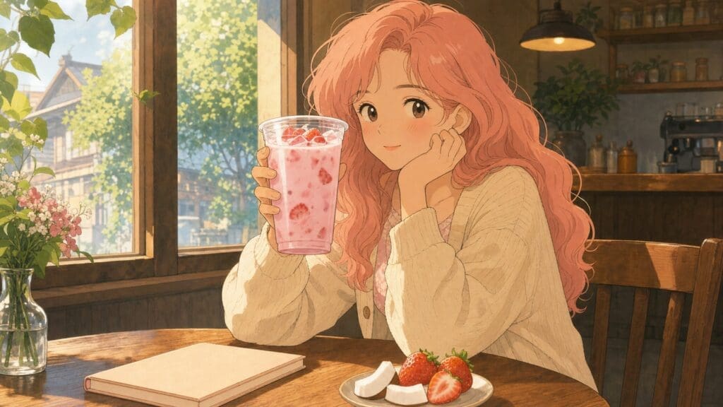 Cozy anime illustration of a pink coconut milk cafe drink