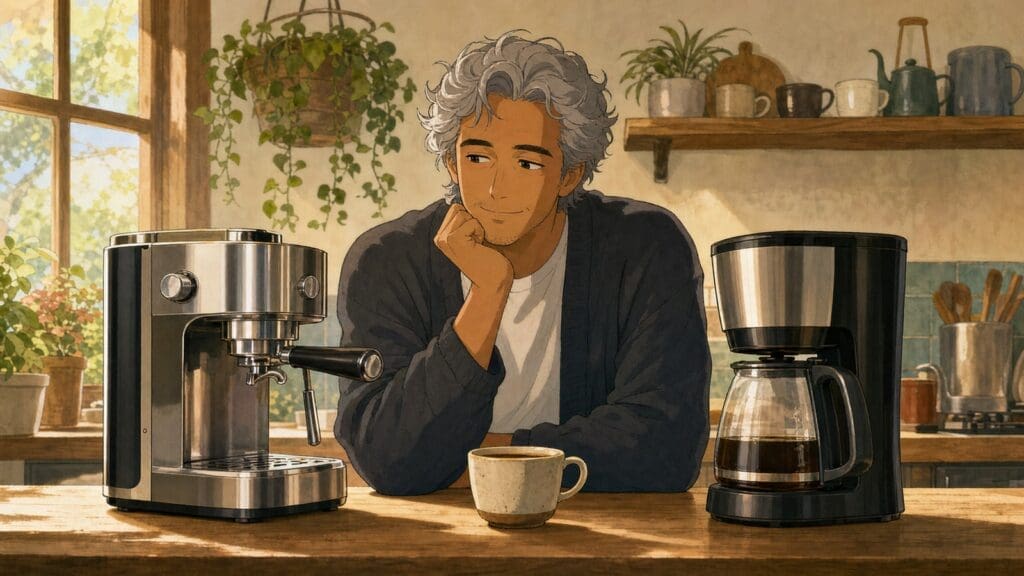 Cozy anime illustration of espresso and drip coffee makers