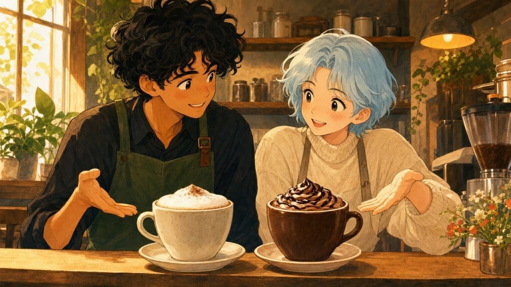 Cozy anime illustration comparing a cappuccino and a mocha