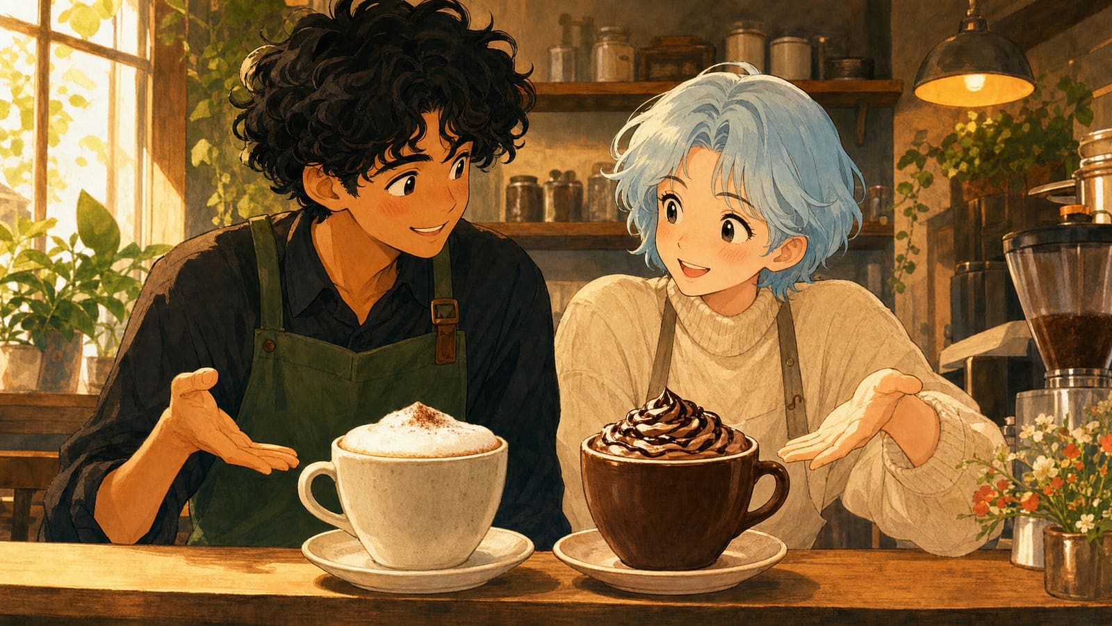 Cozy anime illustration comparing a cappuccino and a mocha