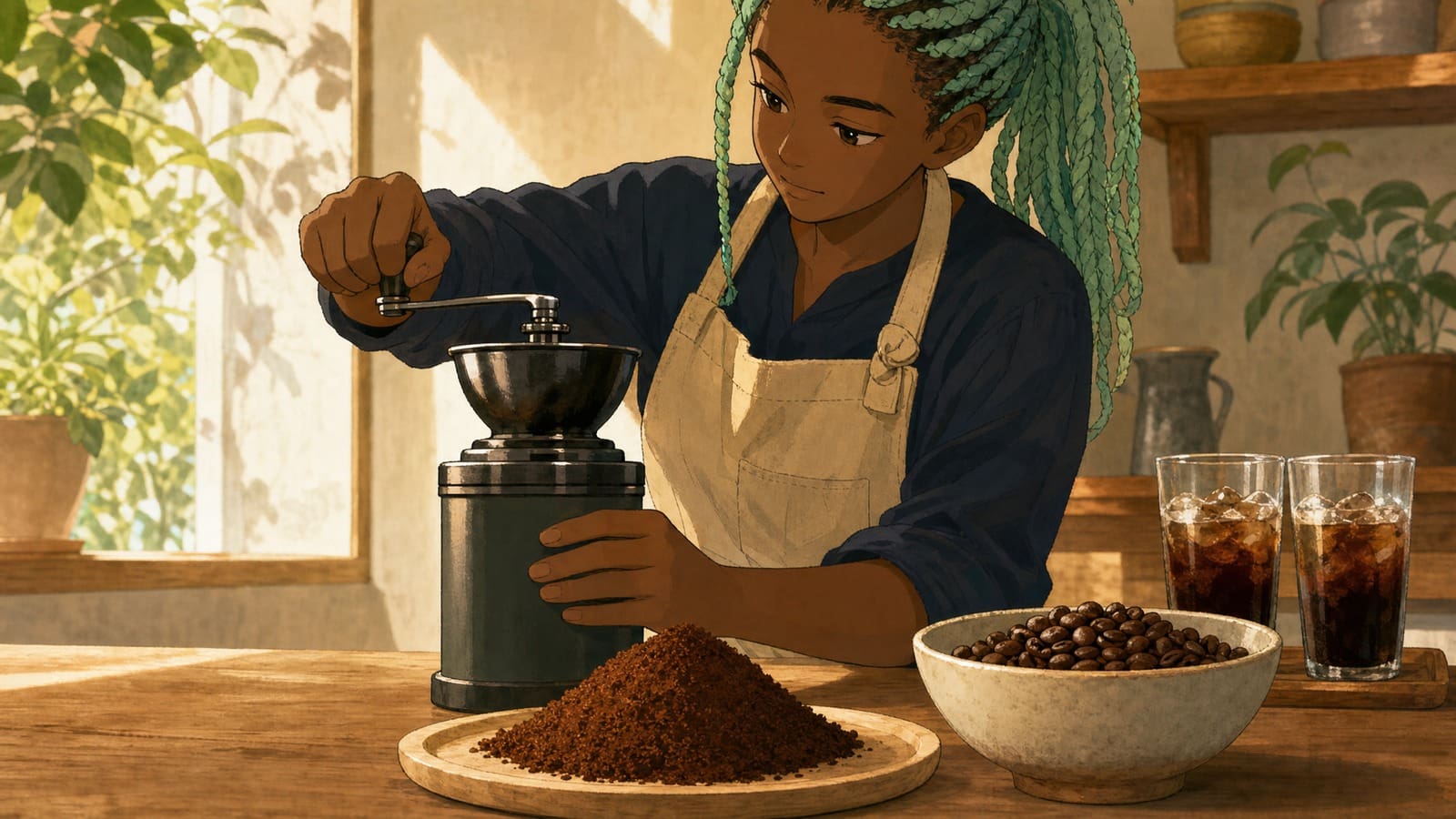 Anime-style illustration of fresh coffee beans being ground before cold coffee brewing