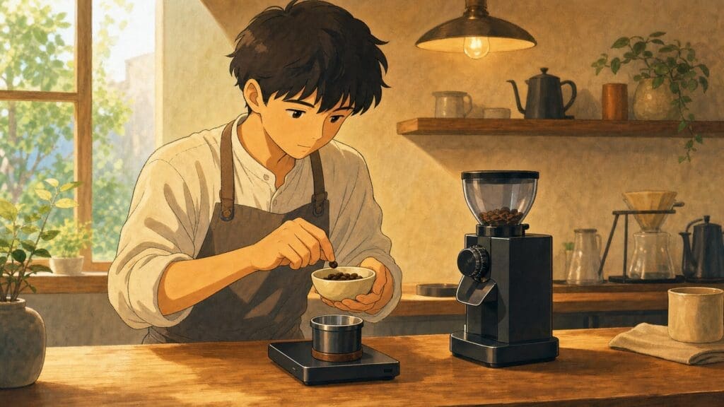 Cozy anime illustration of single dose coffee grinding workflow
