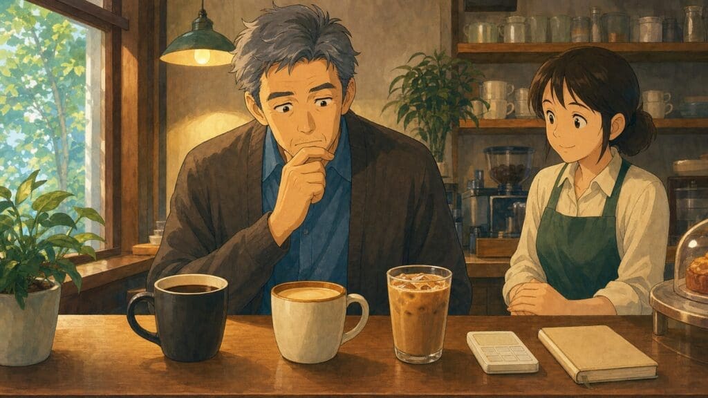 Cozy anime illustration of comparing cafe drink choices before ordering