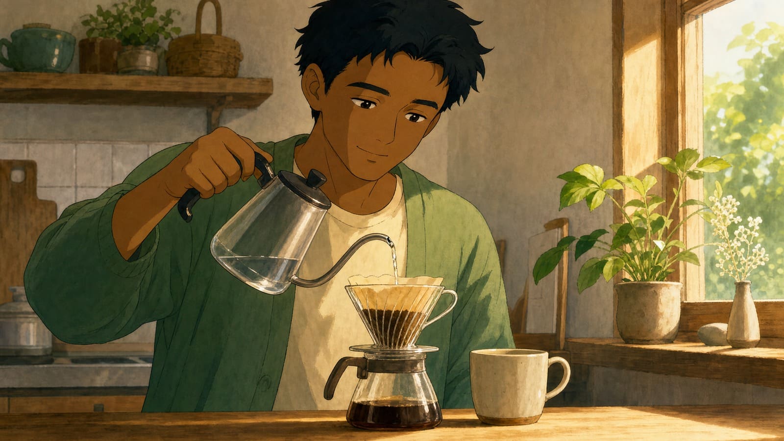 Anime-style illustration of heating just enough water for a pour-over coffee