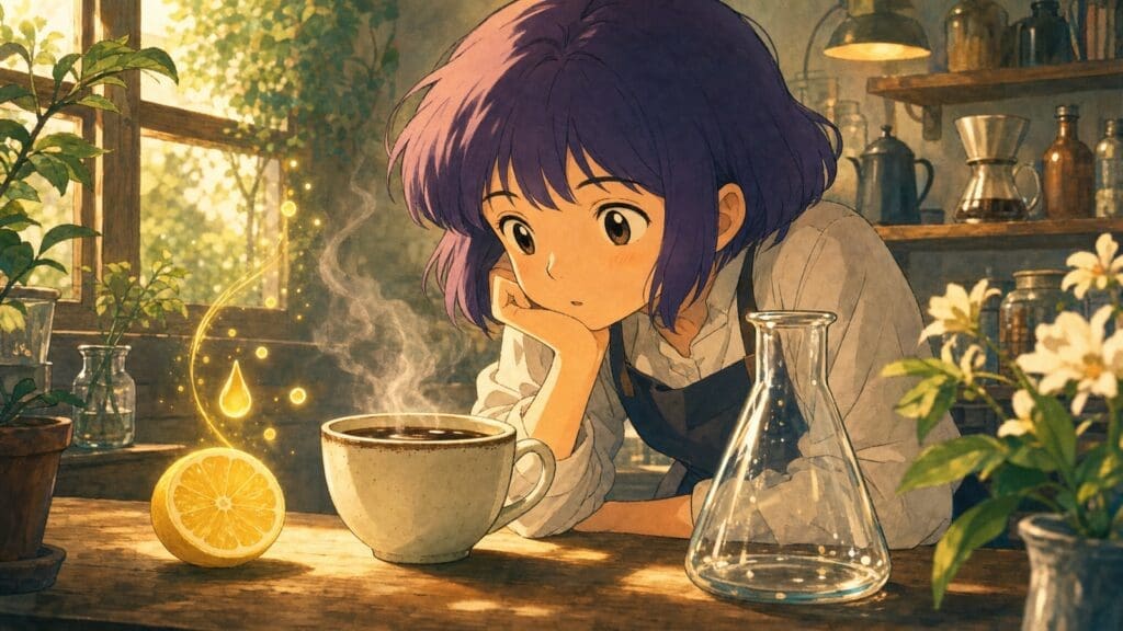 Cozy anime illustration of coffee acidity with citrus and a cup