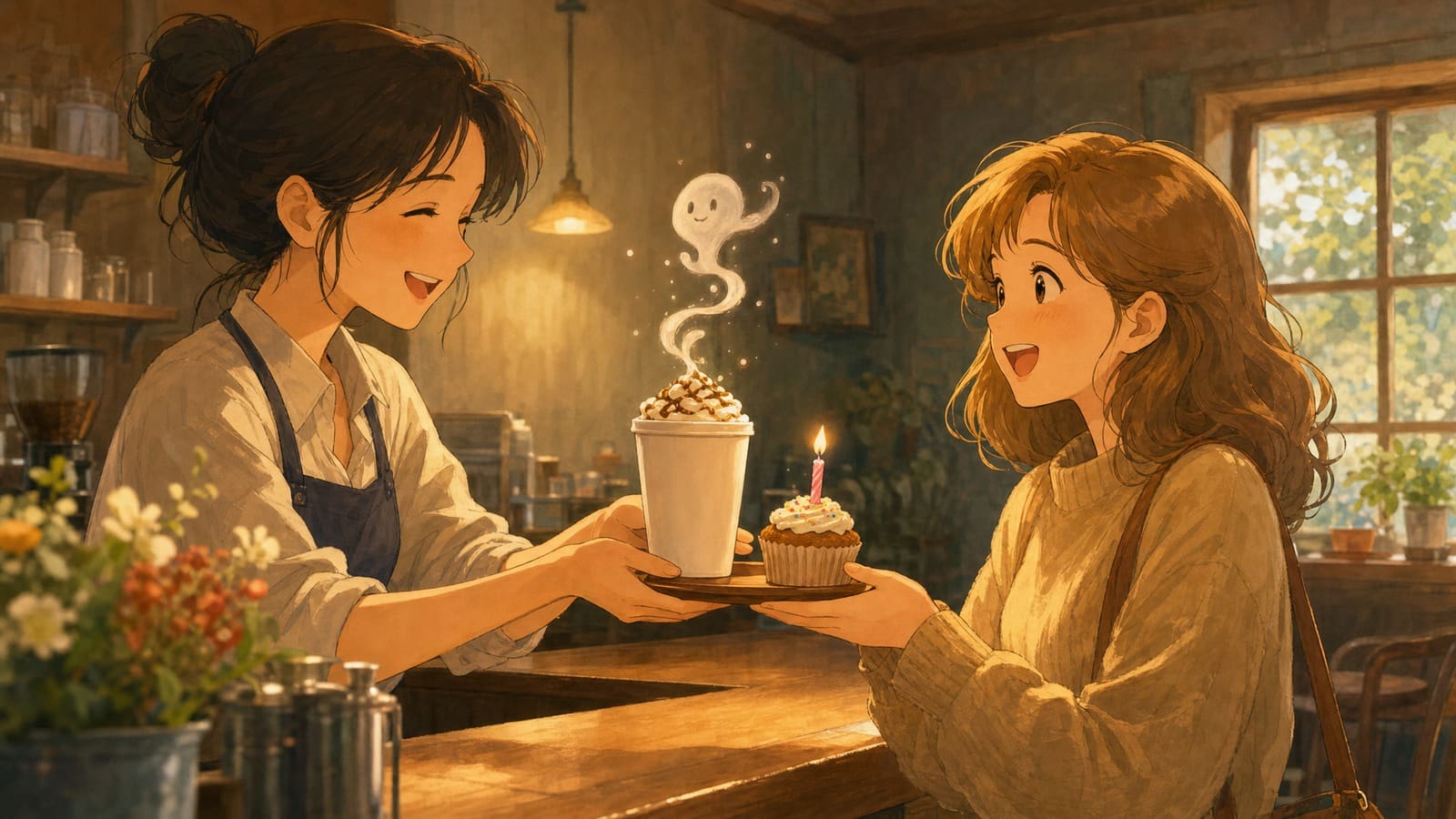Cozy anime illustration of a cafe birthday reward drink