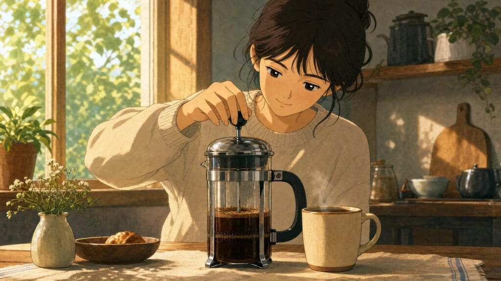 Cozy anime illustration of a barista using a French press
