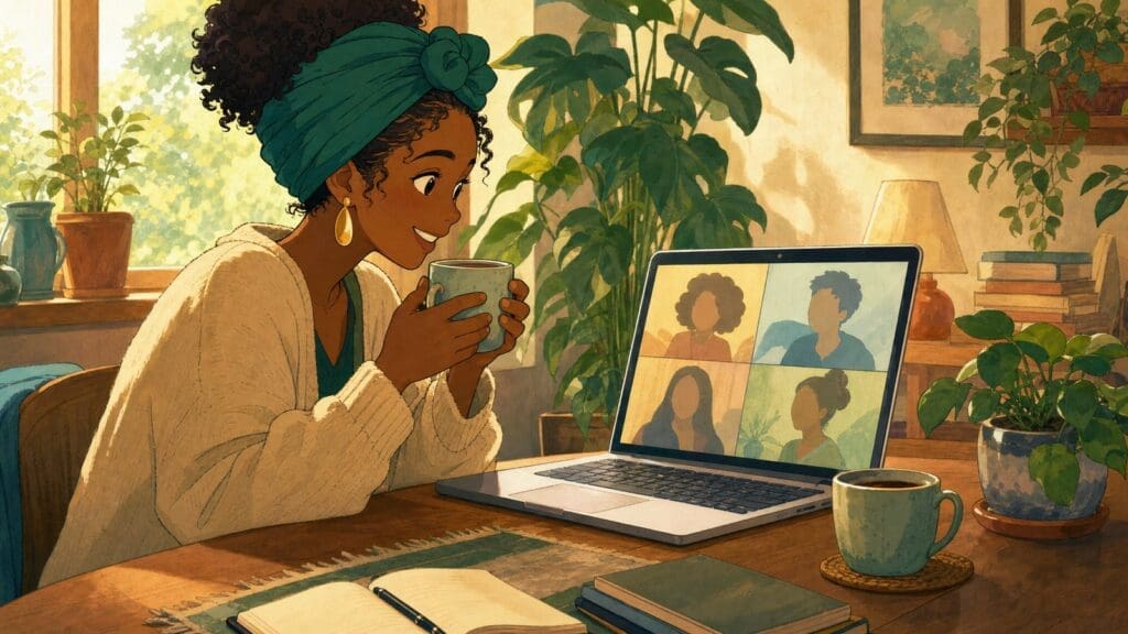 Cozy anime illustration of a virtual coffee chat