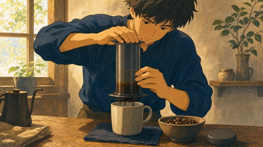 Cozy anime illustration of an advanced manual coffee press technique