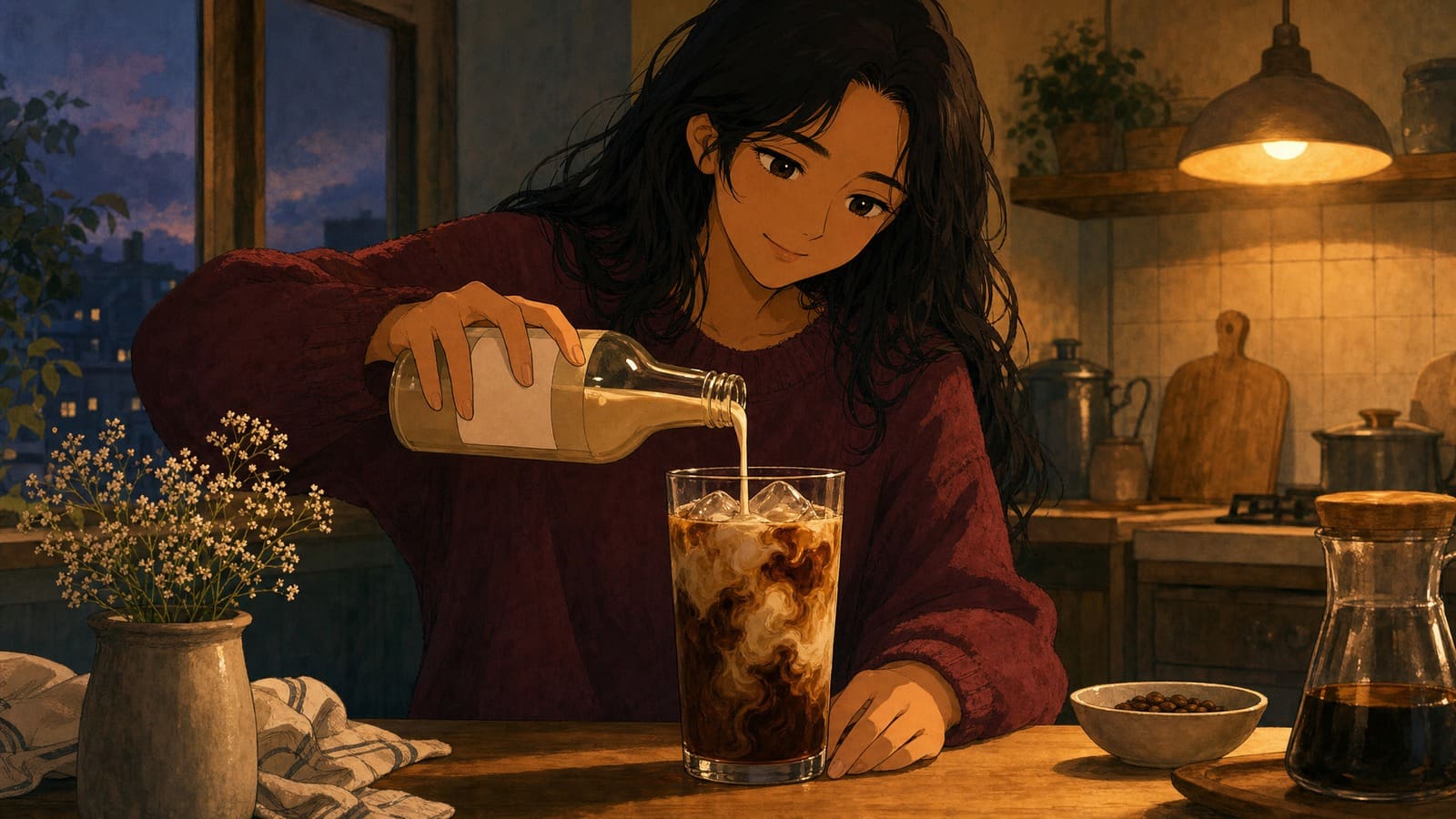 Cozy anime illustration of creamy iced coffee with coffee liqueur