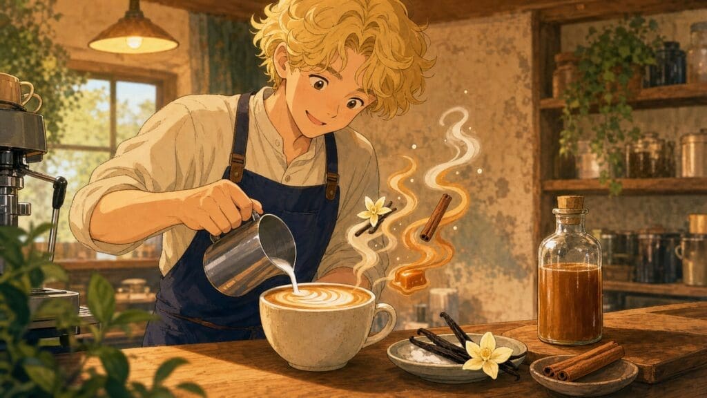 Cozy anime illustration of latte flavor ingredients