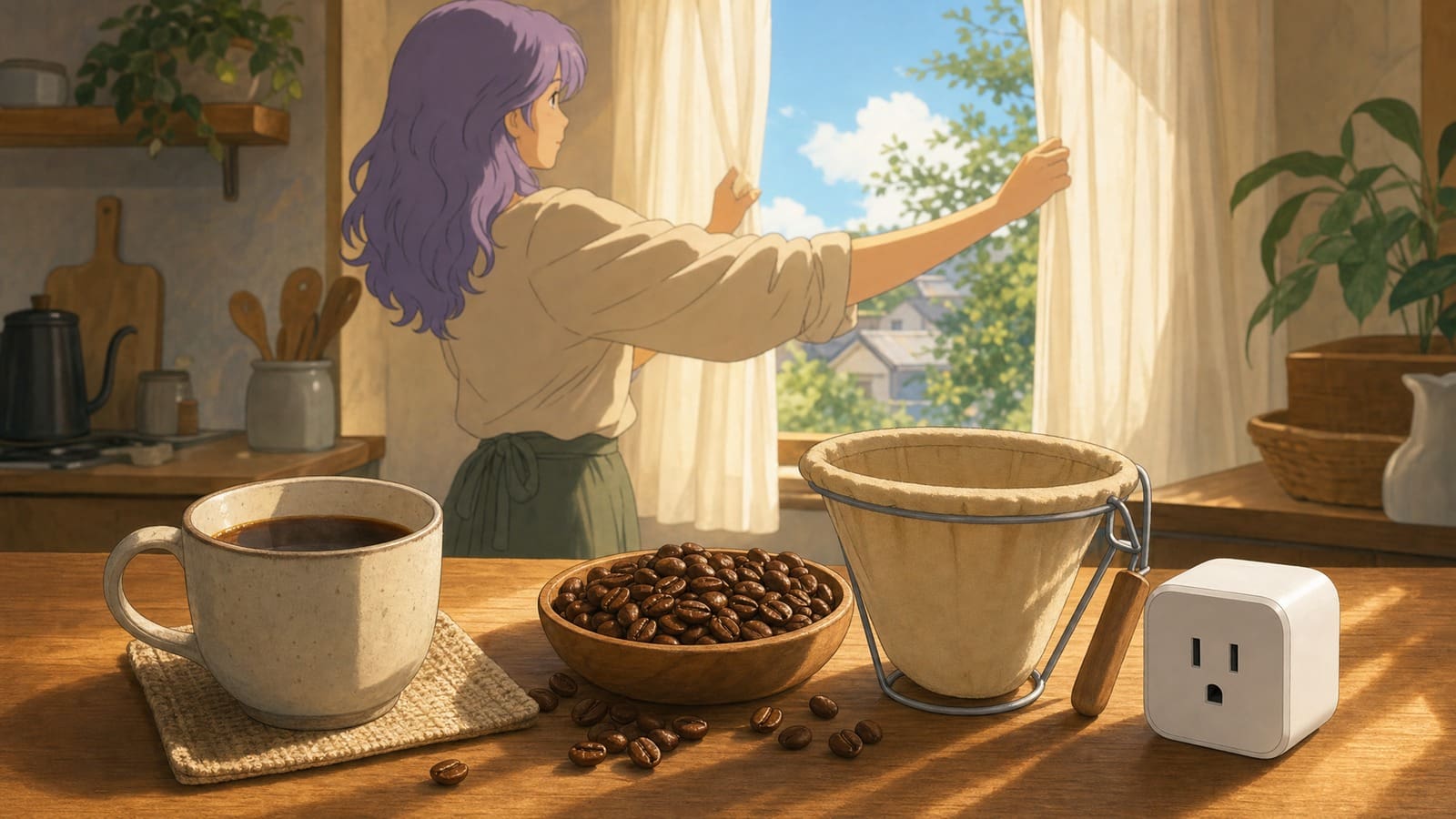 Anime-style illustration of coffee beans, a mug, and an energy-aware kitchen routine