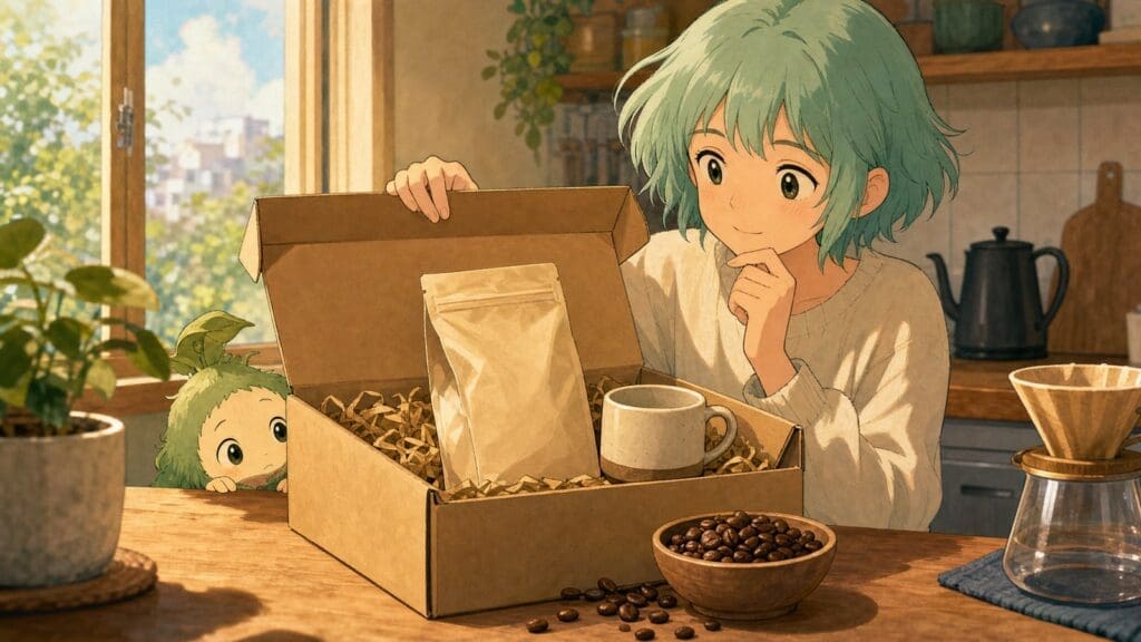 Cozy anime illustration of an unbranded coffee subscription delivery box