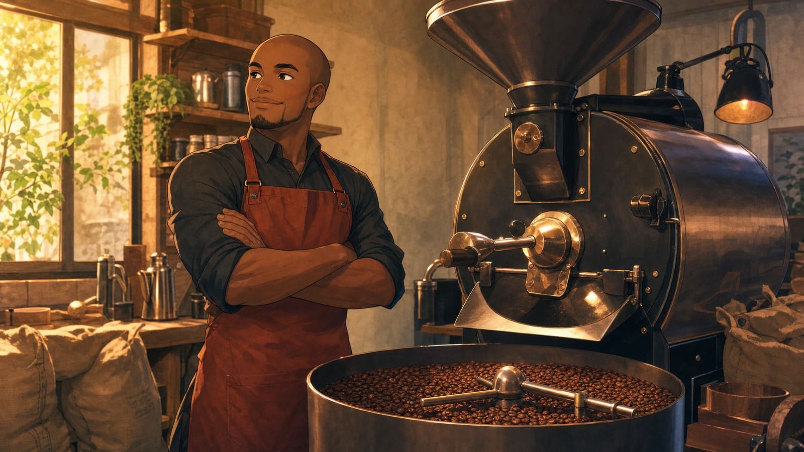 Cozy anime illustration of a commercial coffee roaster machine