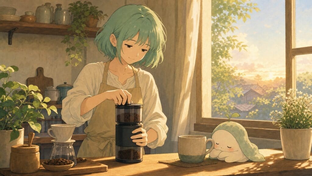 Cozy anime illustration of a quiet coffee grinder in a peaceful kitchen