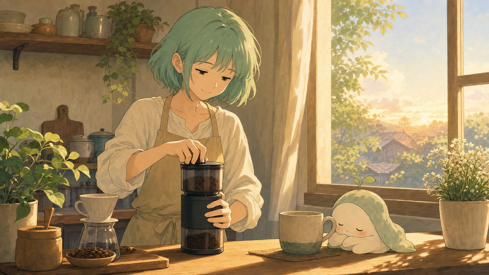 Cozy anime illustration of a quiet coffee grinder in a peaceful kitchen