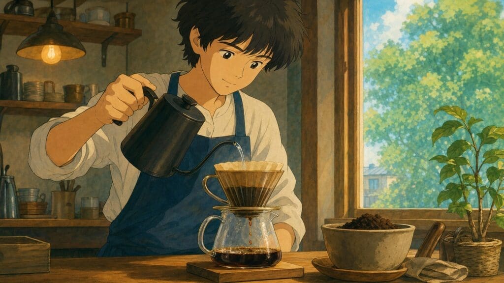 Cozy anime illustration of better coffee extraction and less waste