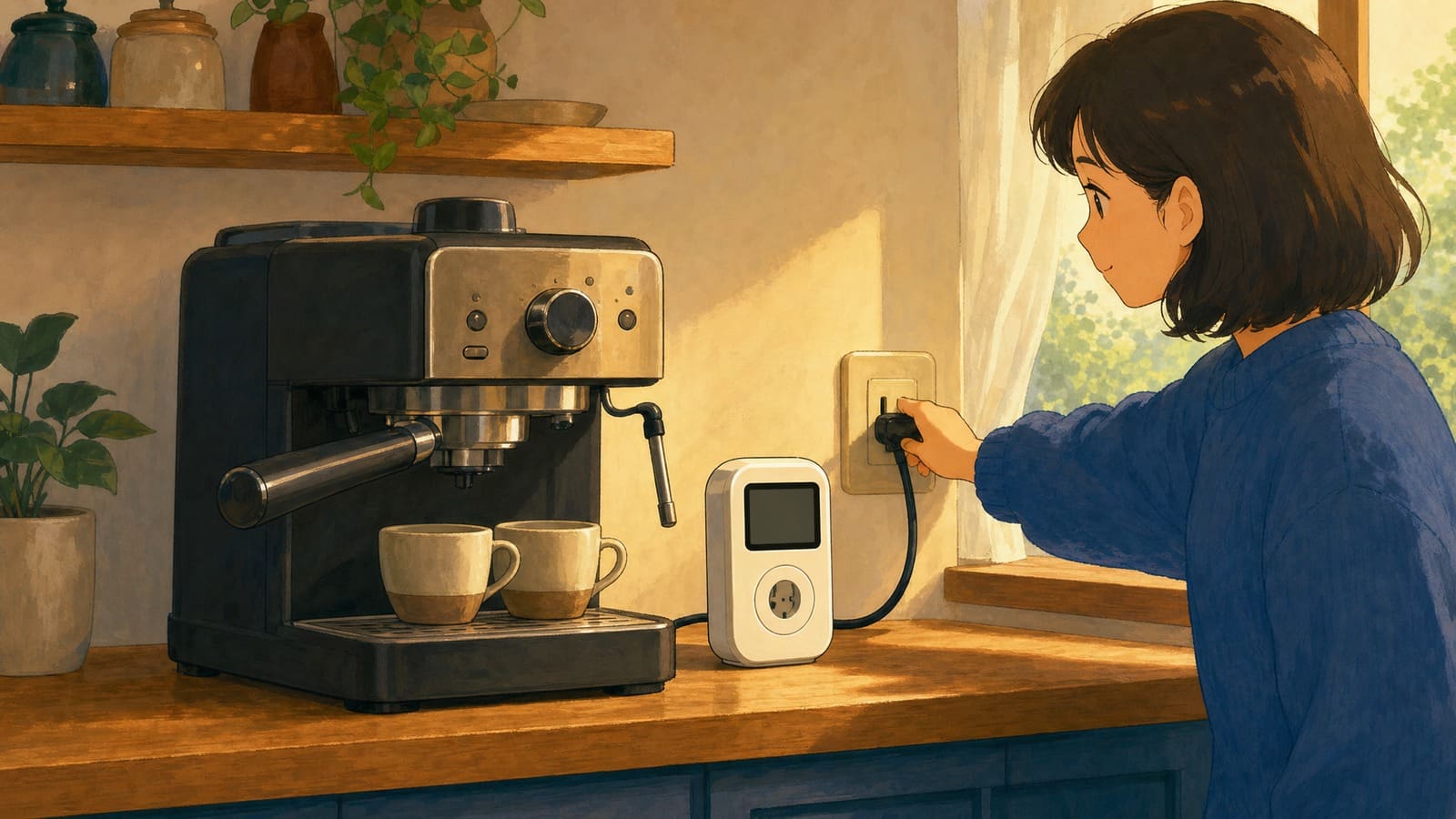 Anime-style illustration of an espresso machine beside a blank plug-in power monitor