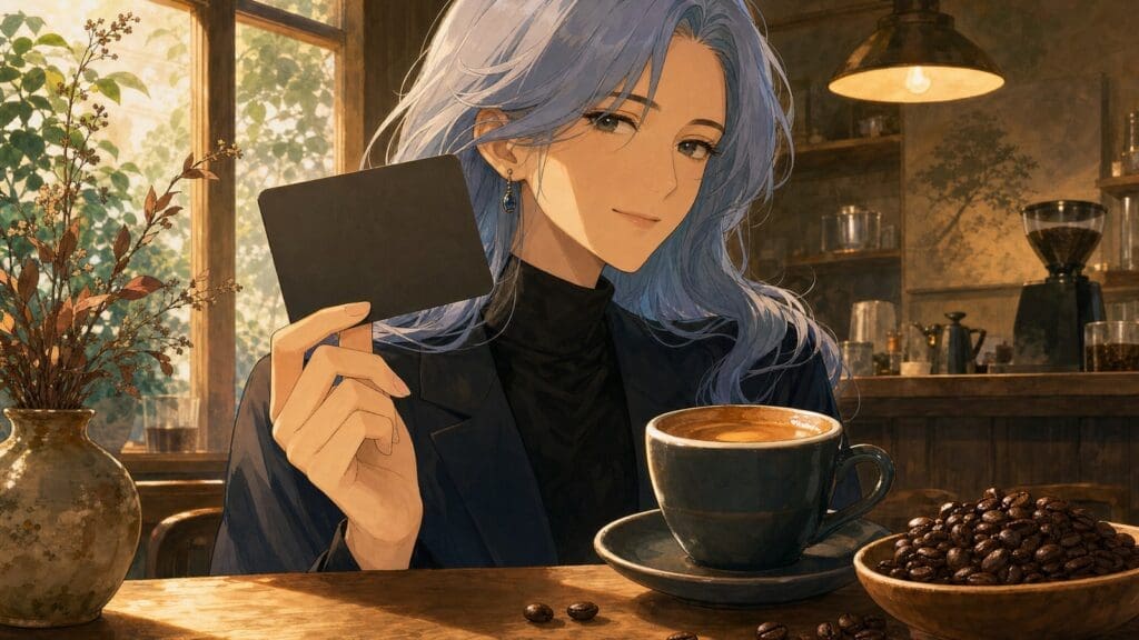 Cozy anime illustration of a premium unbranded cafe card and coffee