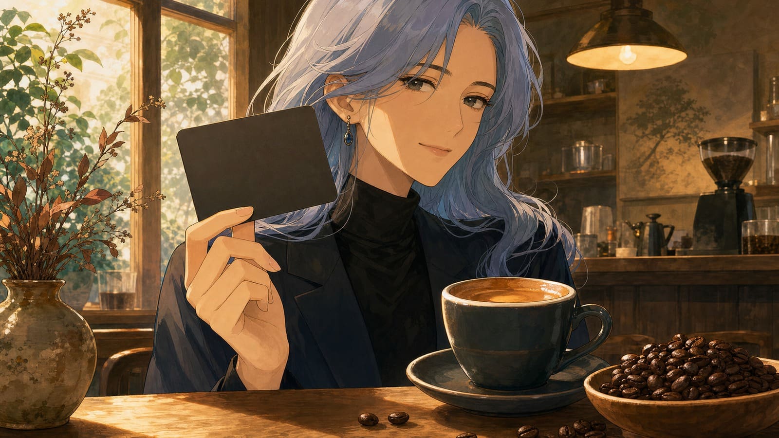 Cozy anime illustration of a premium unbranded cafe card and coffee