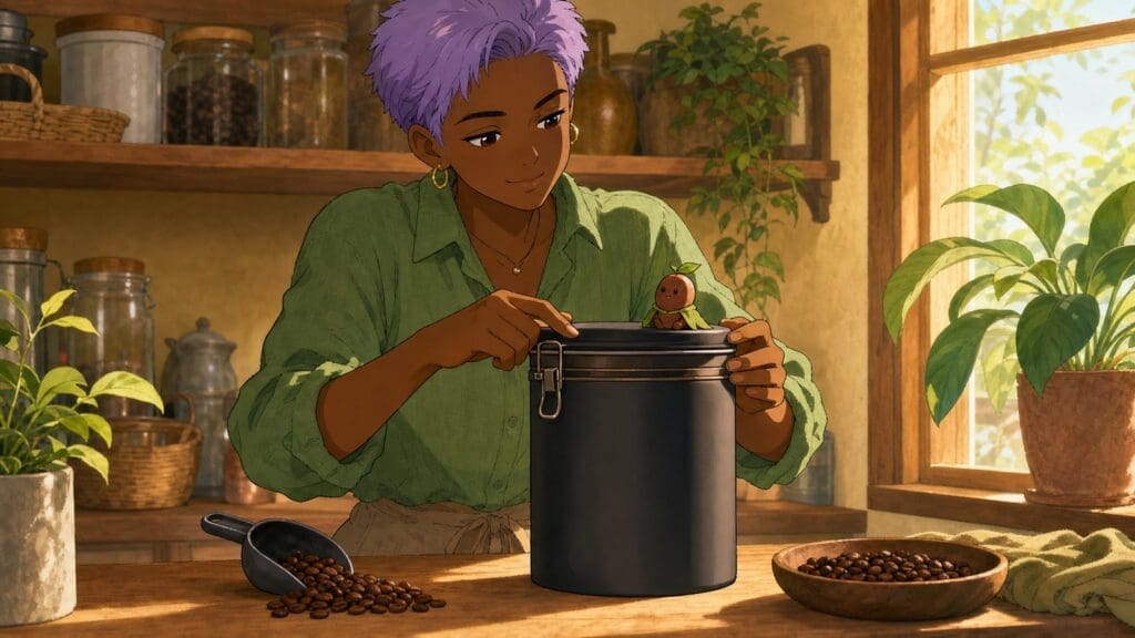 Cozy anime illustration of an airtight coffee bean container