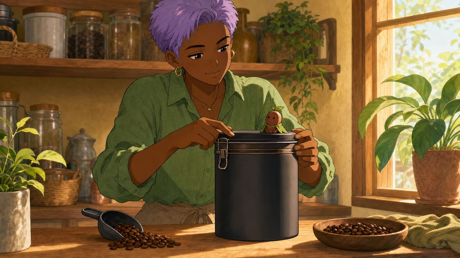 Cozy anime illustration of an airtight coffee bean container
