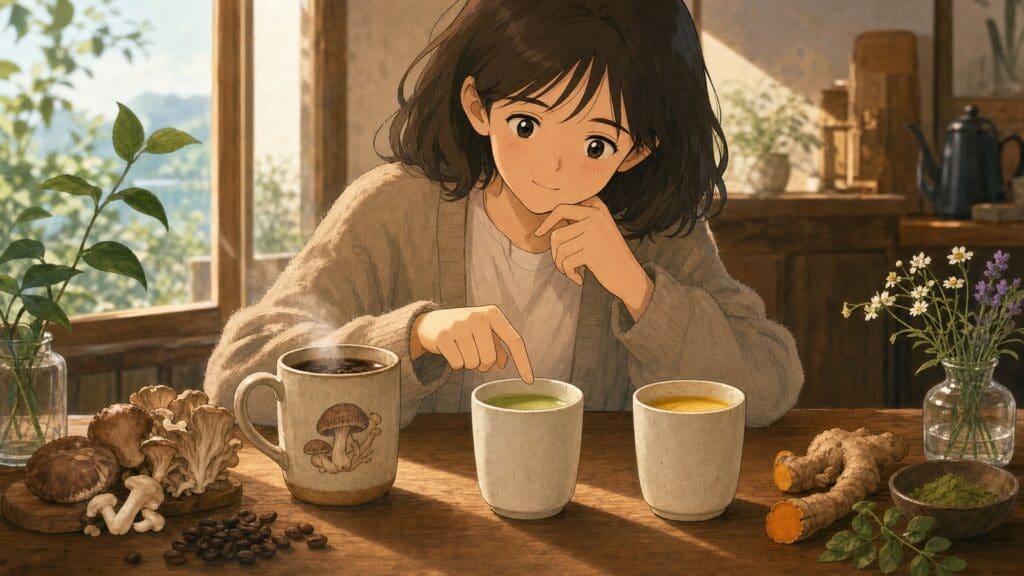 Cozy anime illustration of mushroom coffee alternatives for focus
