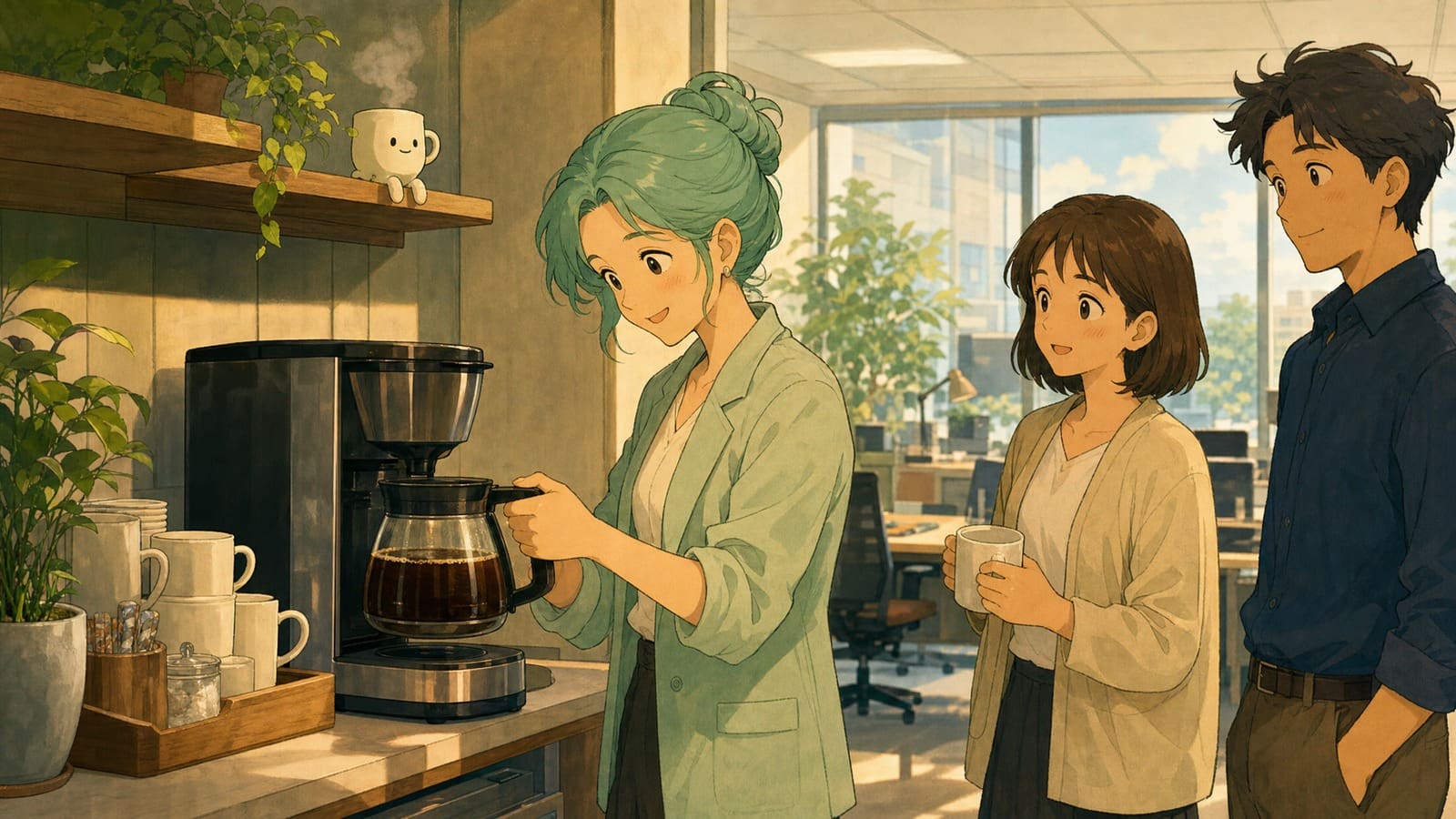 Cozy anime illustration of an office coffee service station