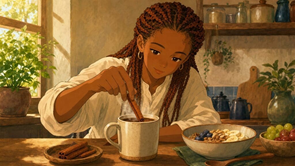 Cozy anime illustration of cinnamon coffee and balanced health