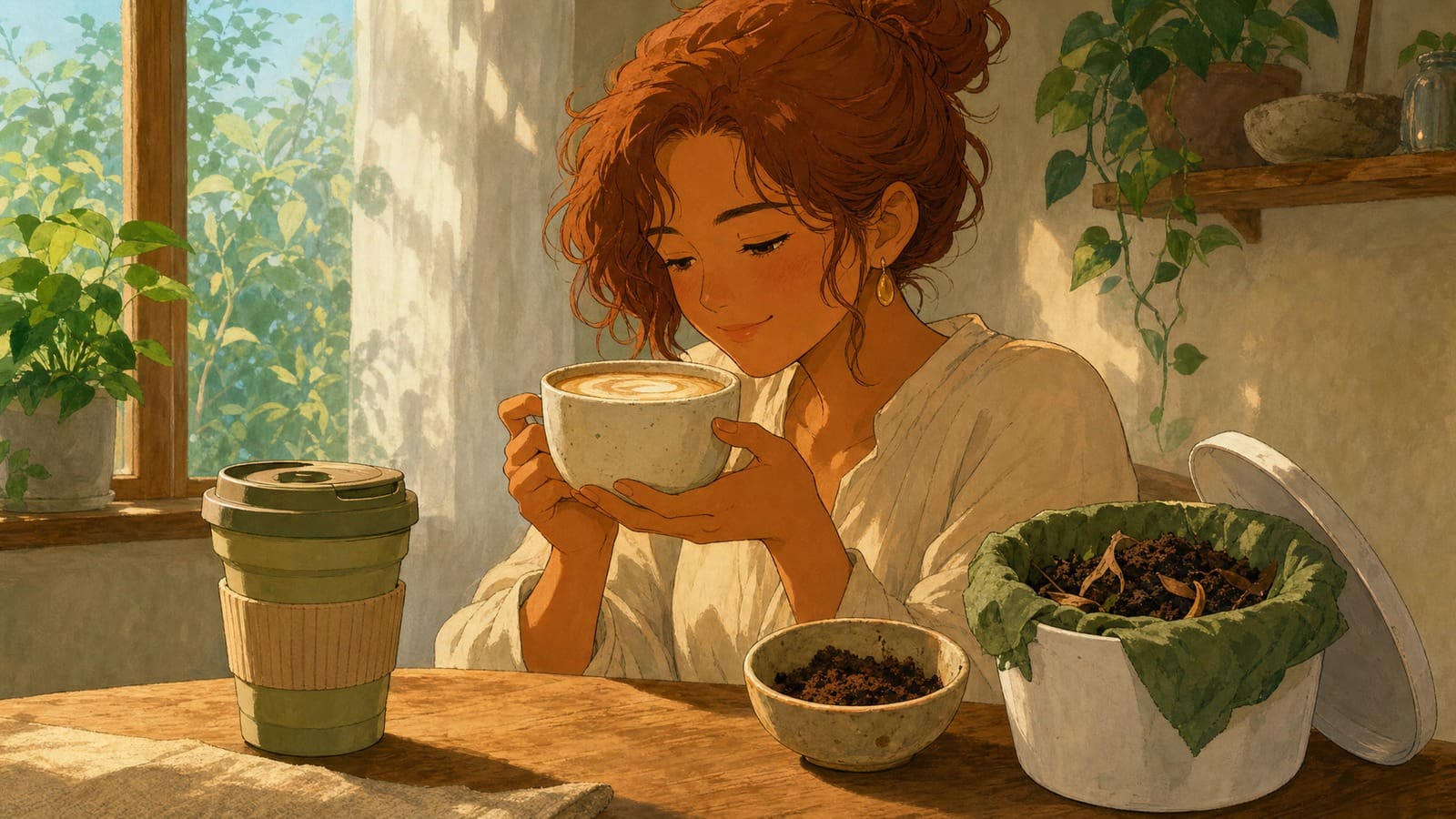 Anime-style illustration of a cozy latte ritual with reusable coffee habits