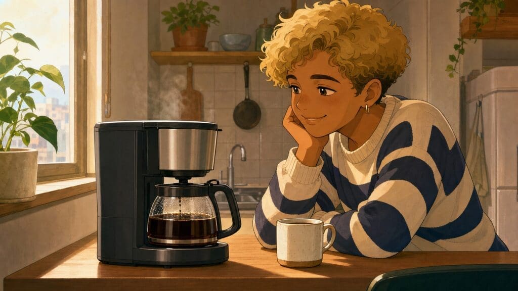 Cozy anime illustration of a small drip coffee maker in a compact kitchen