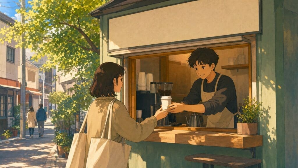 Cozy anime illustration of a small street coffee kiosk with a customer