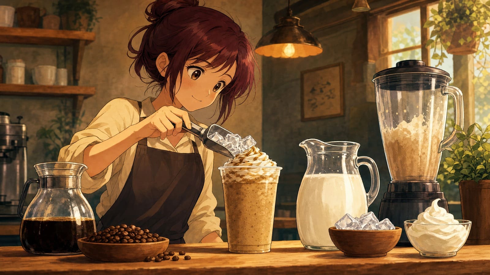 Cozy anime illustration of a blended iced coffee drink and ingredients