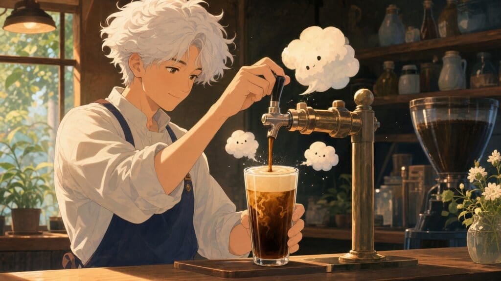Cozy anime illustration of cascading nitro cold brew coffee