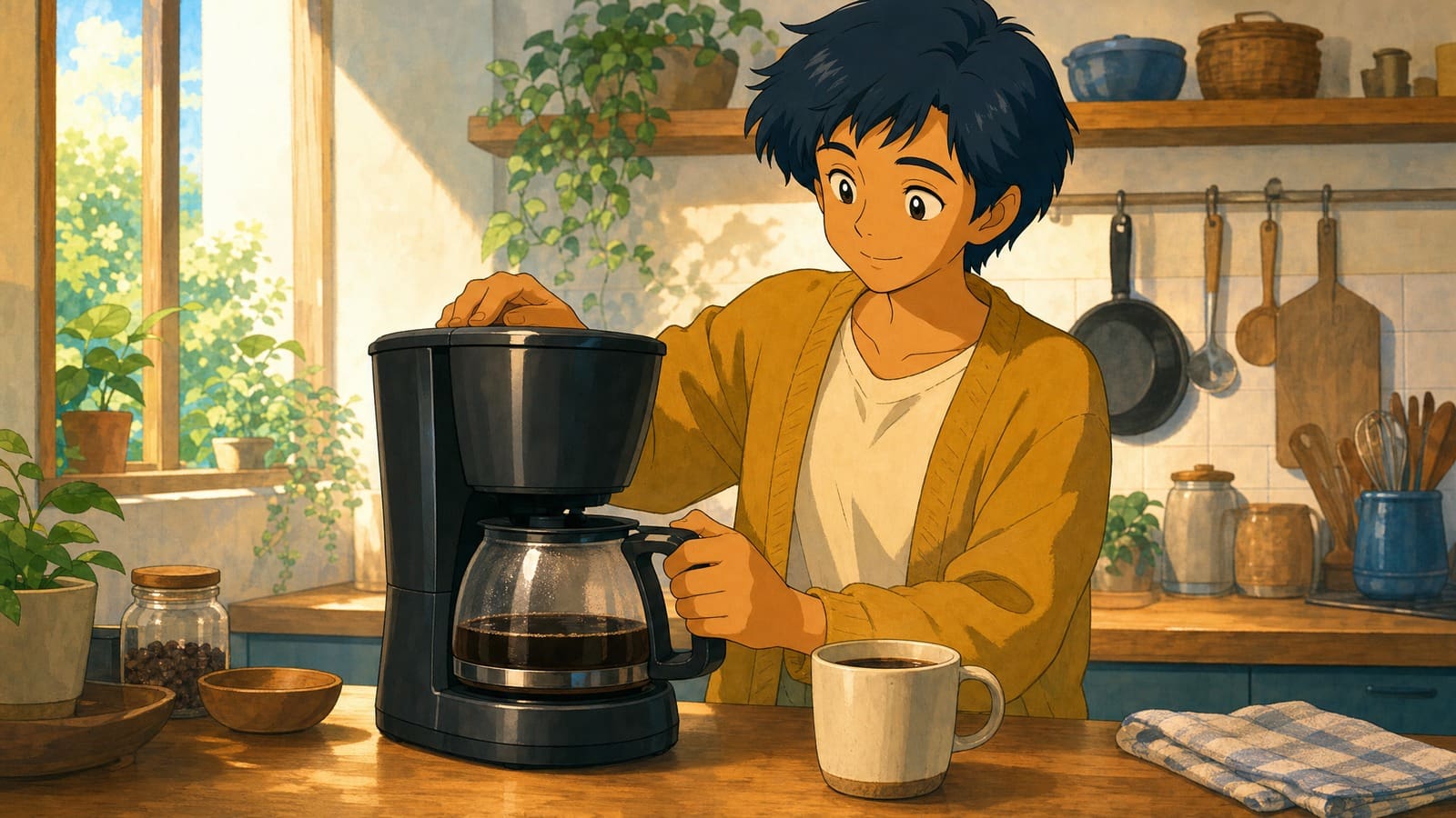 Cozy anime illustration of an affordable coffee maker brewing at home