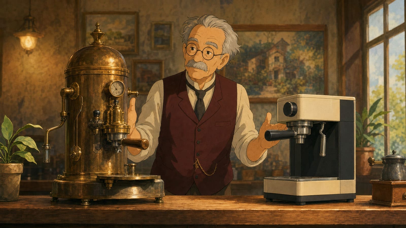 Cozy anime illustration of vintage and modern espresso machines