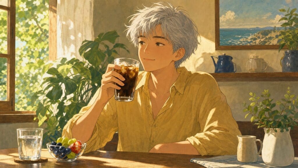 Cozy anime illustration of iced coffee with balanced health cues