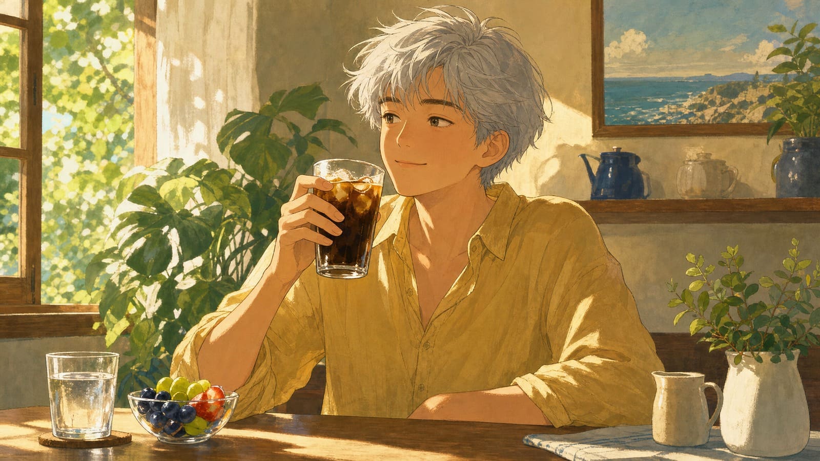 Cozy anime illustration of iced coffee with balanced health cues