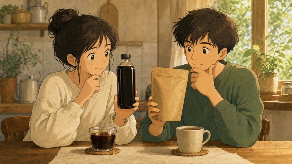 Cozy anime illustration comparing two functional coffee alternatives