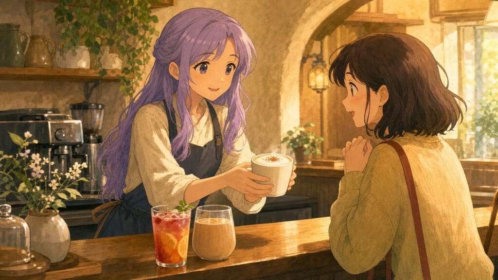 Cozy anime illustration of a welcoming first cafe drink for a non coffee drinker