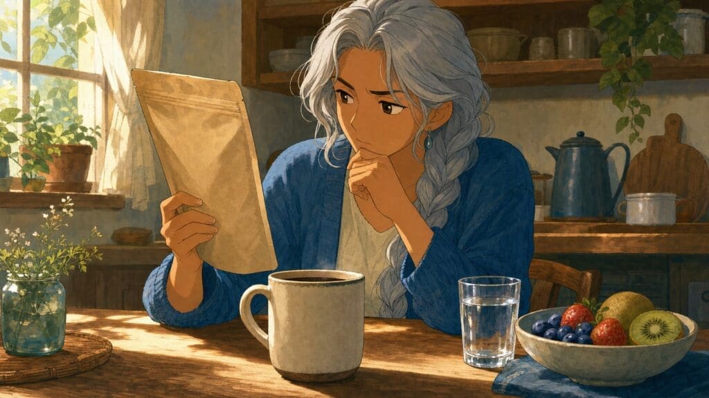 Cozy anime illustration of reviewing functional enzyme coffee