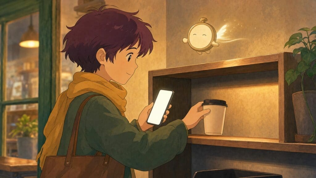 Cozy anime illustration of scheduled cafe pickup with a blank phone screen
