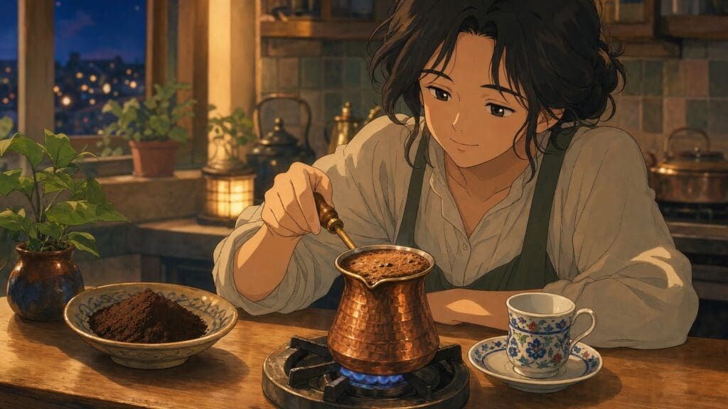 Cozy anime illustration of Turkish coffee being made in a cezve
