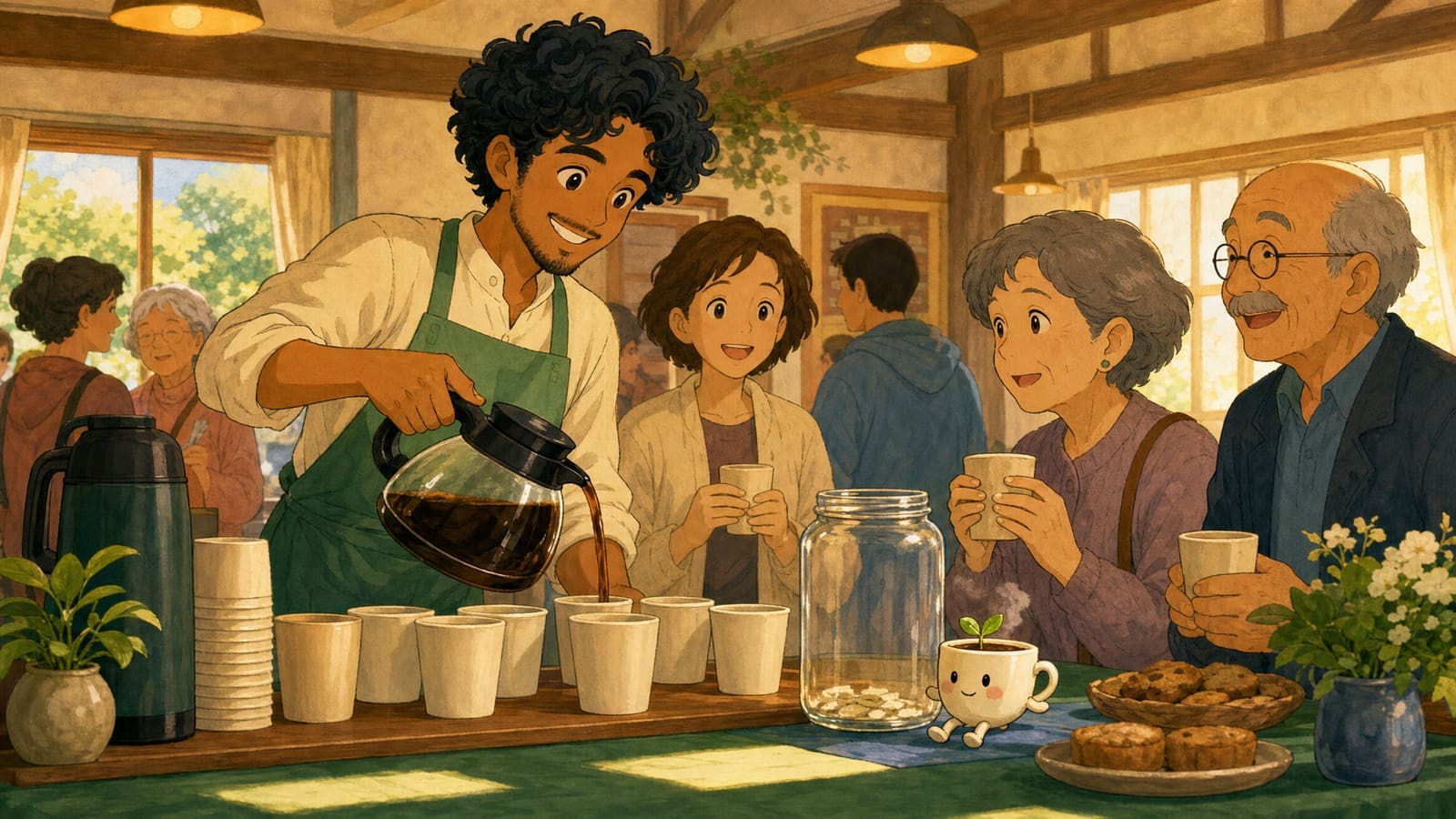 Cozy anime illustration of a community coffee fundraiser table