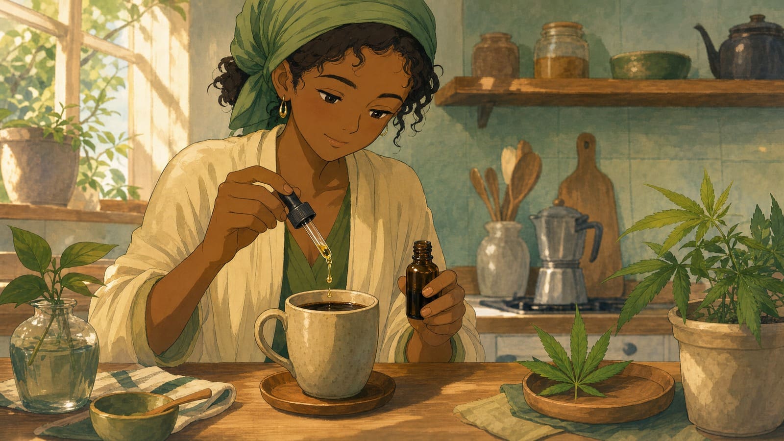 Cozy anime illustration of mixing CBD oil into coffee