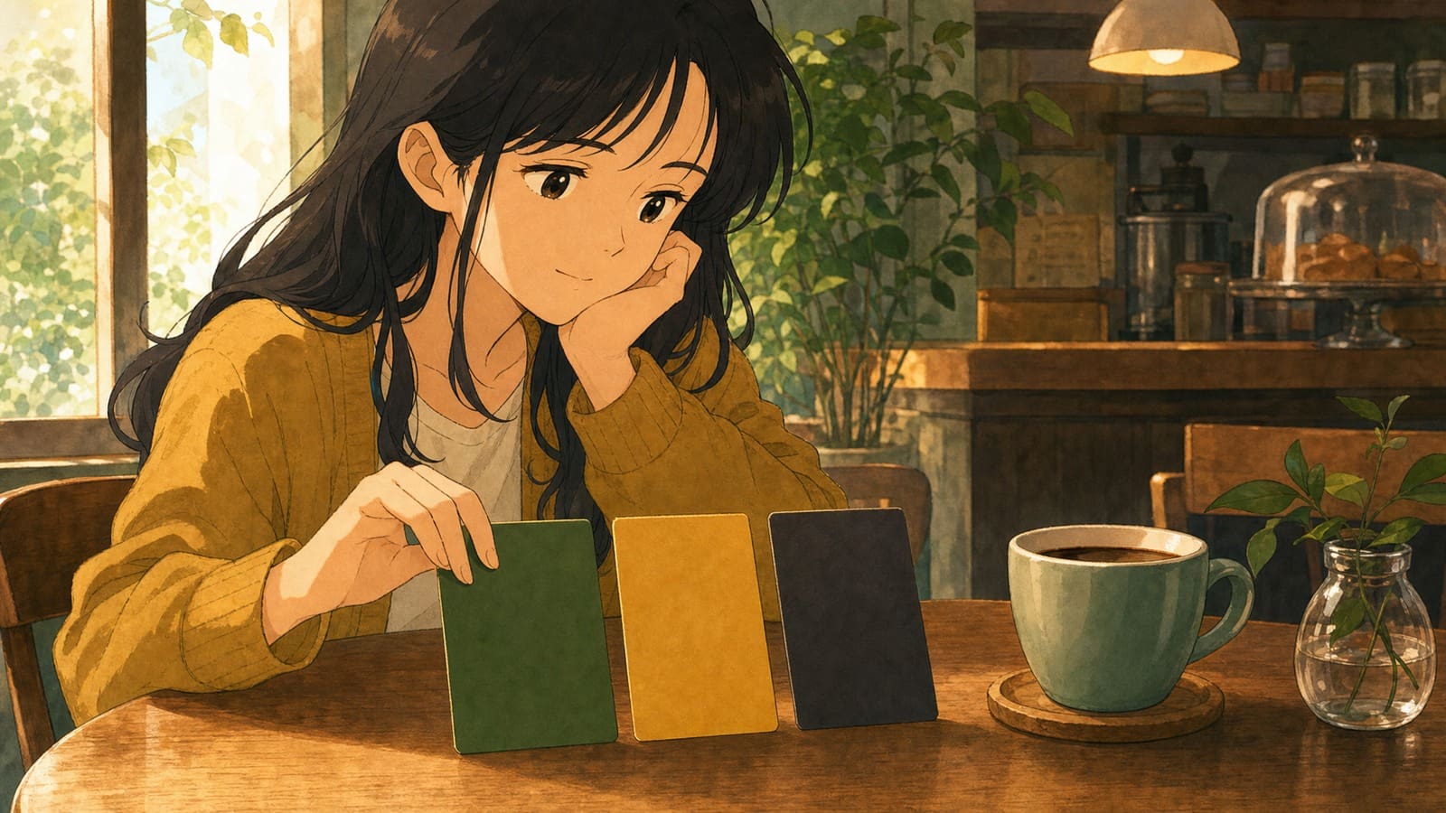 Cozy anime illustration of unbranded cafe rewards tiers