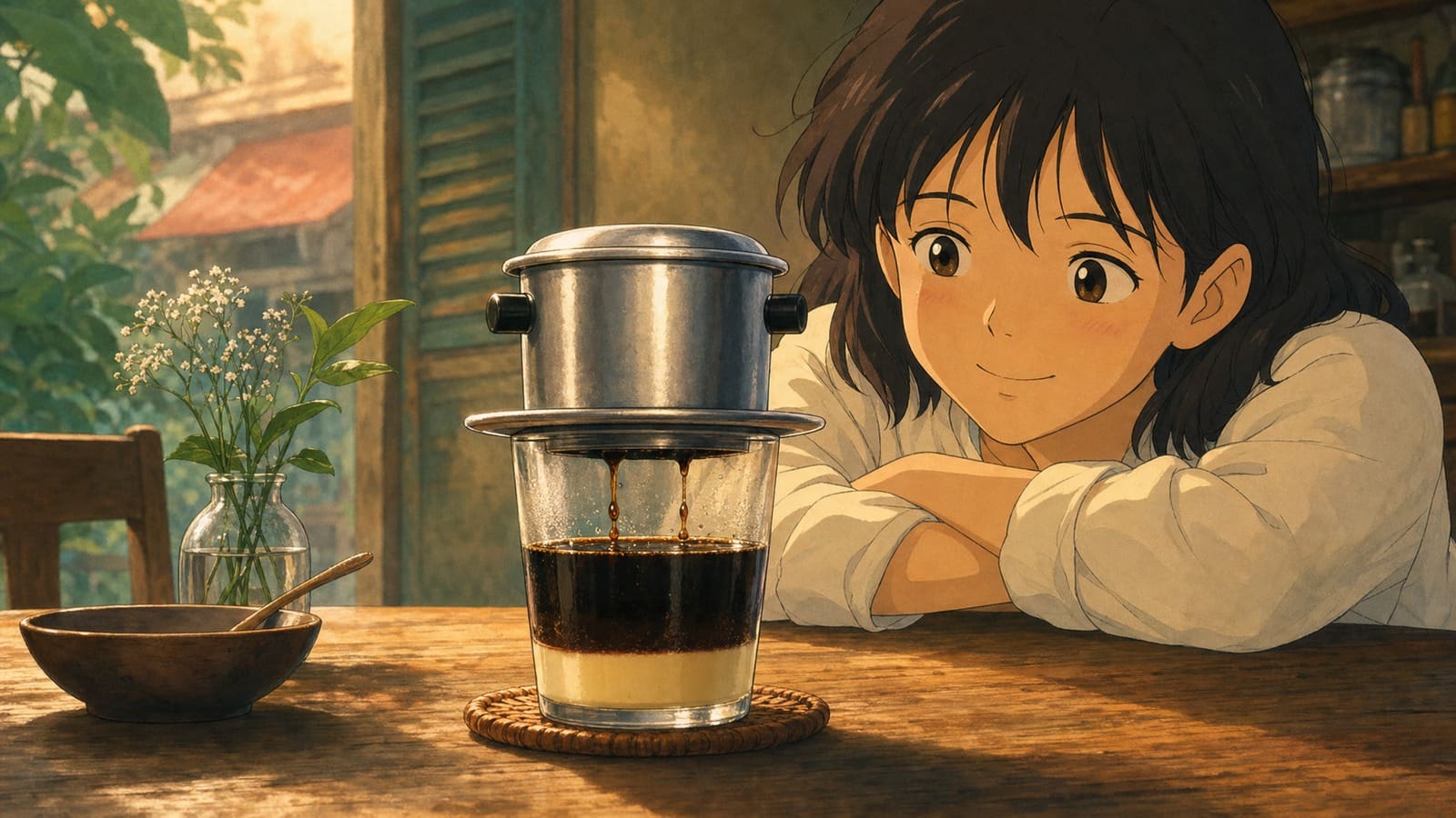 Cozy anime illustration of Vietnamese coffee dripping through a phin filter