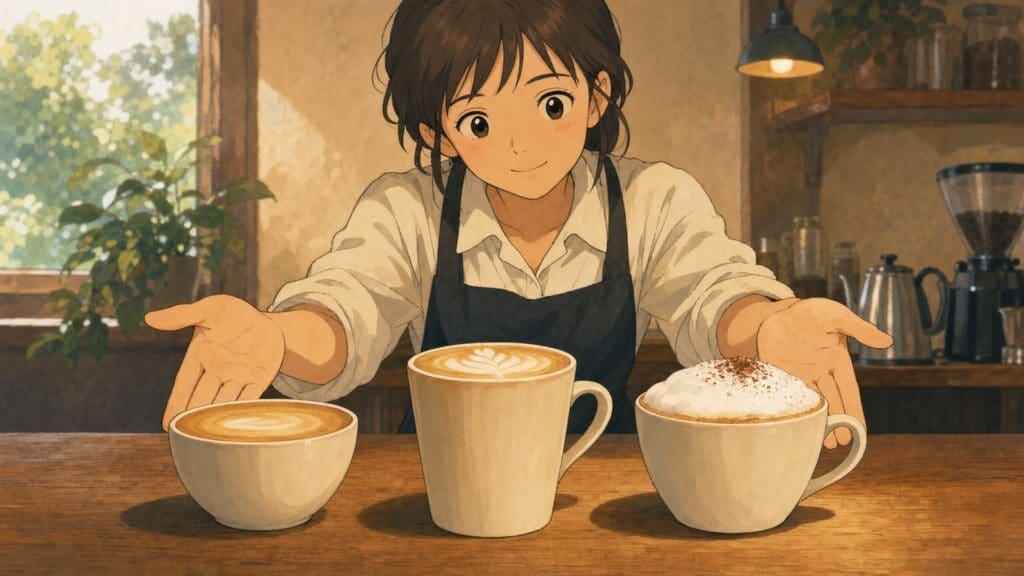 Cozy anime illustration comparing a flat white, latte, and cappuccino