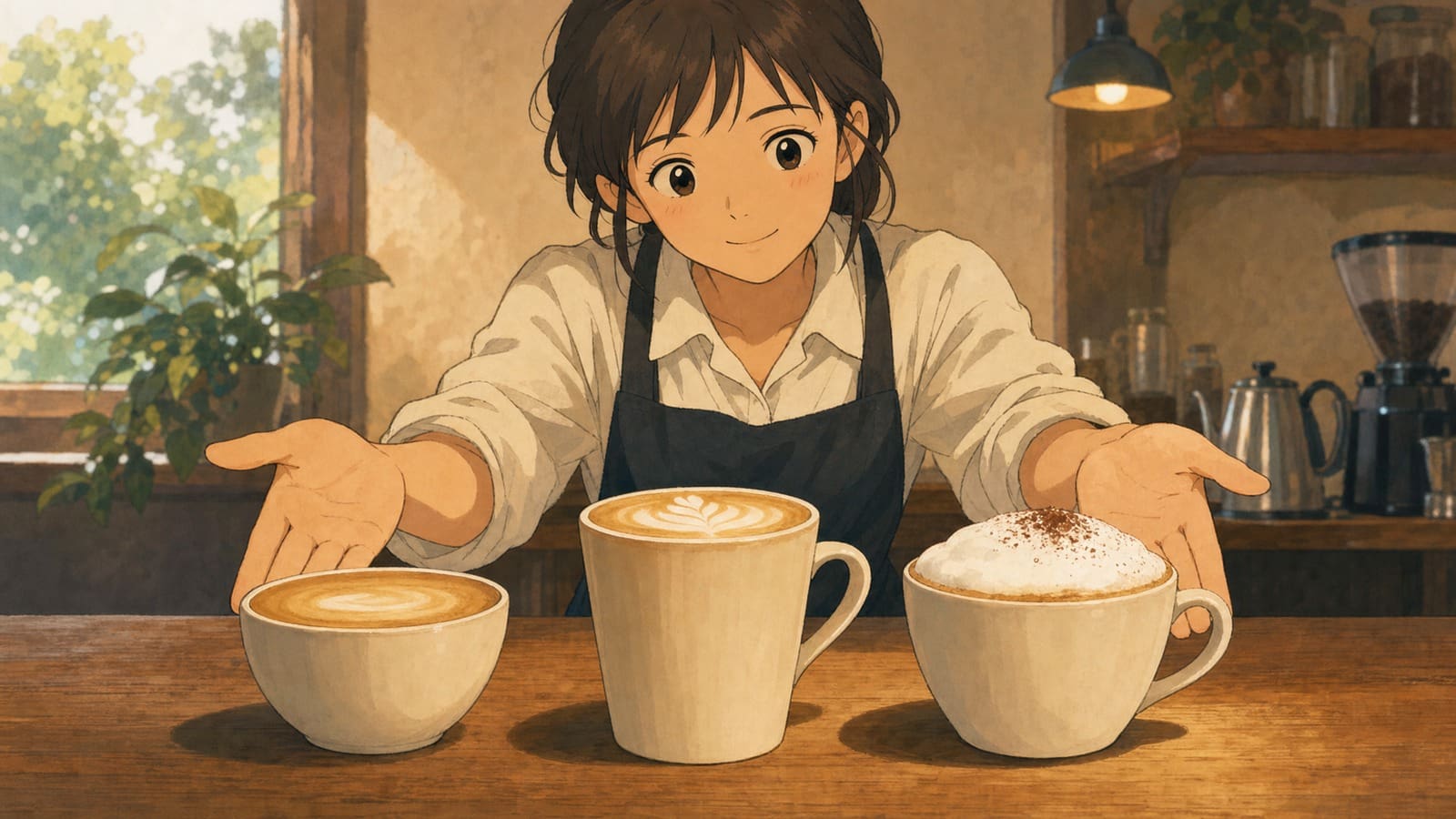 Cozy anime illustration comparing a flat white, latte, and cappuccino