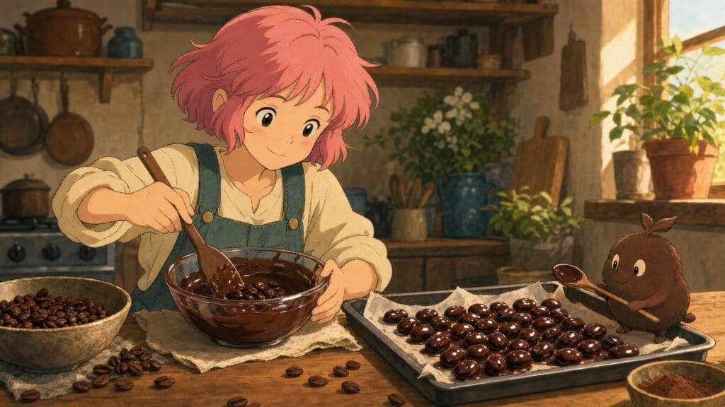 Cozy anime illustration of making chocolate covered coffee beans